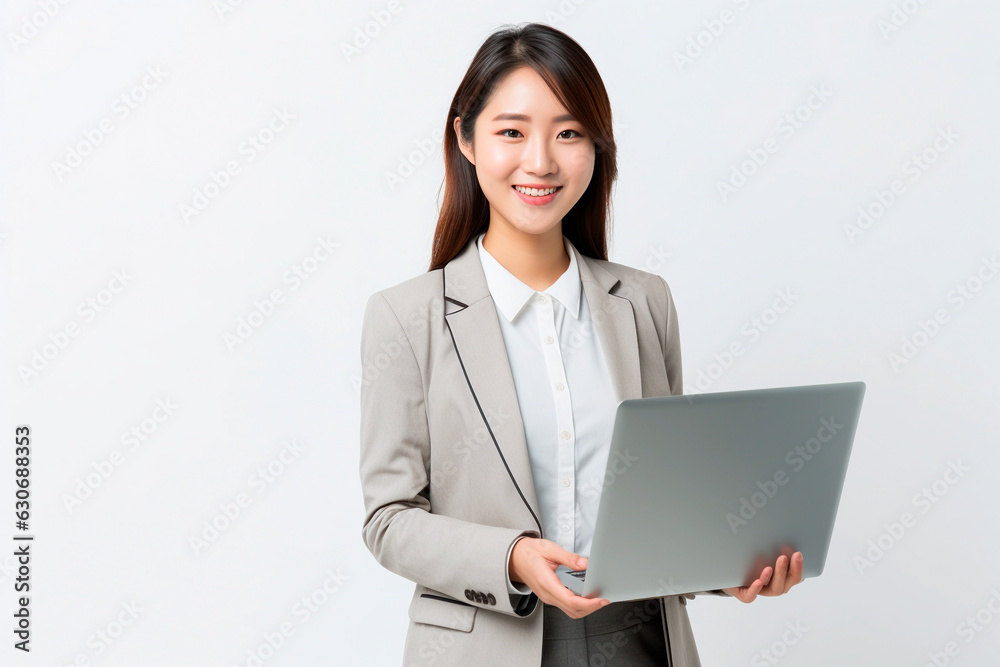 Smiling young asian businesswoman standing with a laptop on her hands in a white background Smiling young asian businesswoman standing with a laptop on her hands in a white background