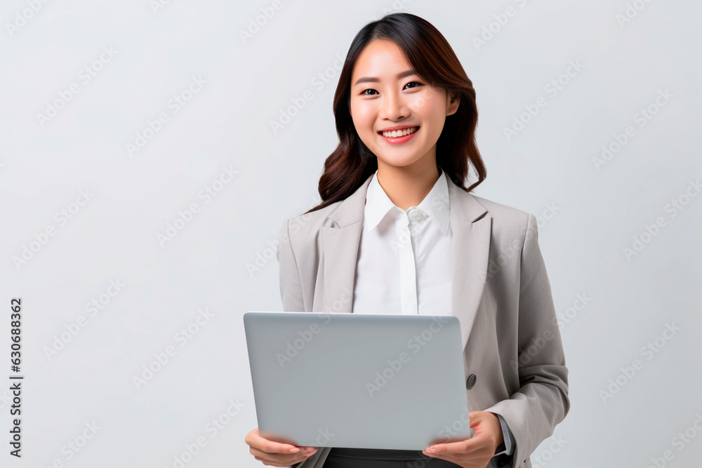 Smiling young asian businesswoman standing with a laptop on her hands in a white background Smiling young asian businesswoman standing with a laptop on her hands in a white background