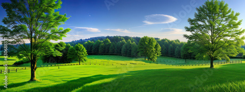 Beautiful Green Meadow And Trees Landscape Nature View. Wallpaper Nature Background