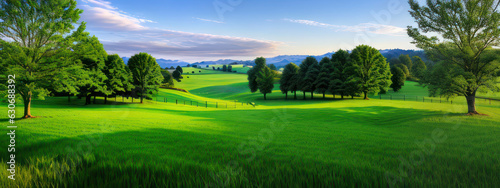 Beautiful Green Meadow And Trees Landscape Nature View. Wallpaper Nature Background © Supriyanto