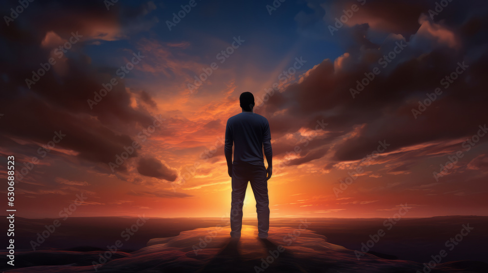 A man standing on top of a hill at sunset
