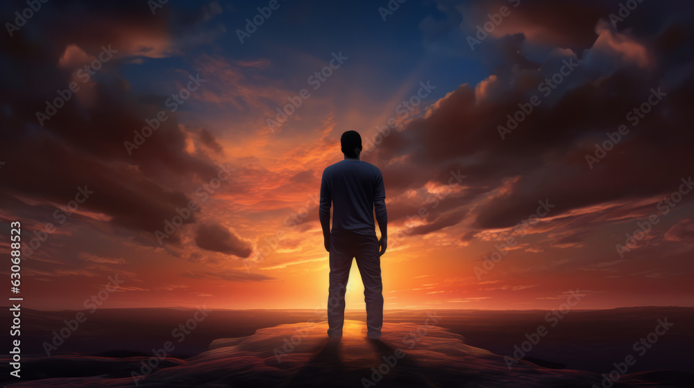 A man standing on top of a hill at sunset A man standing on top of a hill at sunset