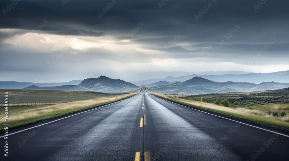 Illustration image of landscape with country road, empty asphalt road on blue cloudy sky background. Multicolor vibrant outdoors horizontal image, Generative AI illustration