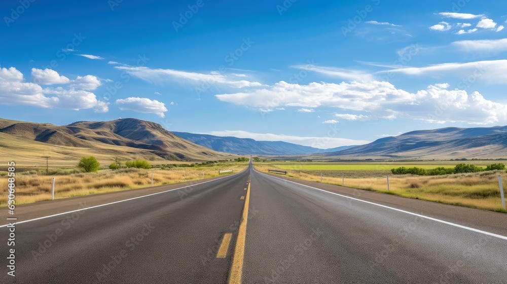 Illustration image of landscape with country road, empty asphalt road on blue cloudy sky background. Multicolor vibrant outdoors horizontal image, Generative AI illustration Illustration image of landscape with country road, empty asphalt road on blue cloudy sky background. Multicolor vibrant outdoors horizontal image, Generative AI illustration