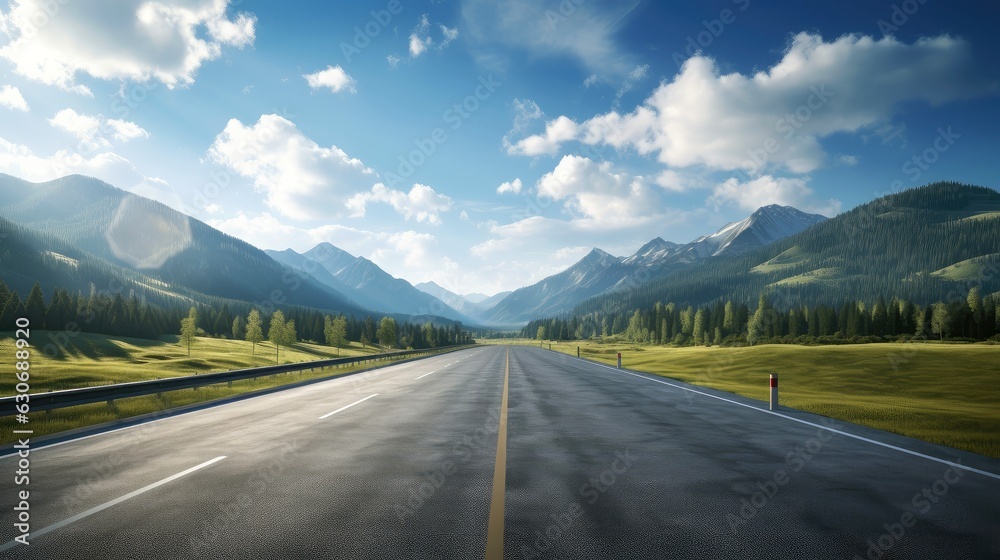 Illustration image of landscape with country road, empty asphalt road on blue cloudy sky background. Multicolor vibrant outdoors horizontal image, Generative AI illustration