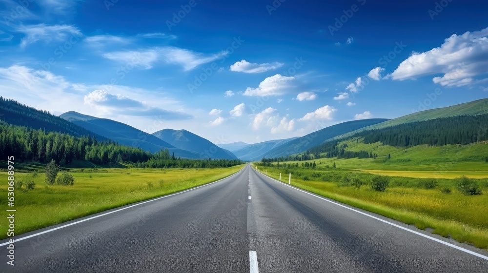 Illustration image of landscape with country road, empty asphalt road on blue cloudy sky background. Multicolor vibrant outdoors horizontal image, Generative AI illustration