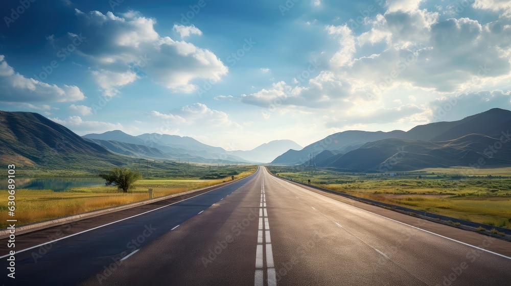 Illustration image of landscape with country road, empty asphalt road on blue cloudy sky background. Multicolor vibrant outdoors horizontal image, Generative AI illustration
