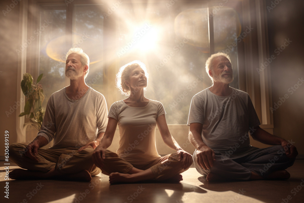 Group of seniors people meditate in yoga class. AI generated