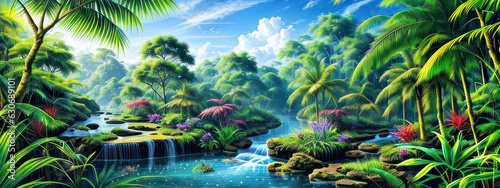 Beautiful Spring Summer Fantasy Tropical Forest Landscape Environment For Background. Digital Art. Fantasy Art. 3D Environment
