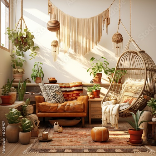 Stylish and design home interior of living room with bohemian poster