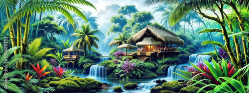 Beautiful Spring Summer Fantasy Tropical Forest Landscape Environment For Background. Digital Art. Fantasy Art. 3D Environment