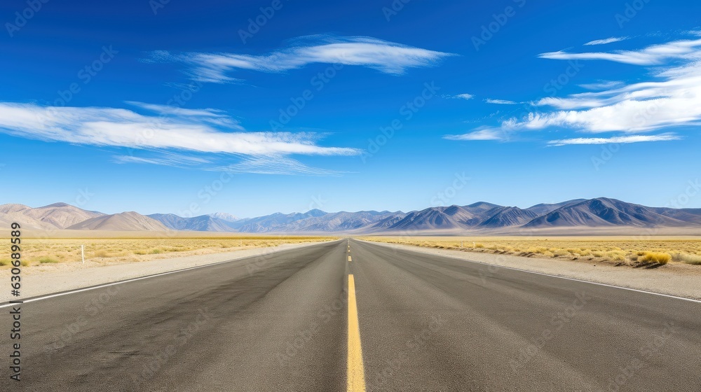 Illustration image of landscape with country road, empty asphalt road on blue cloudy sky background. Multicolor vibrant outdoors horizontal image, Generative AI illustration