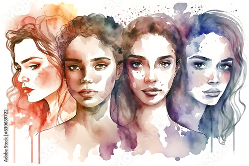 Watercolor illustration female portrait diverse