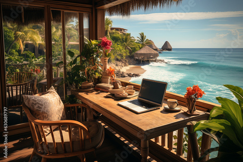 Remote work in a tropical sea beach. Dream work office background 