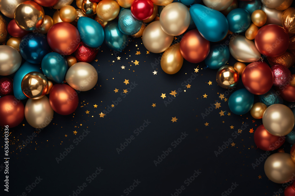 Festive Background Frame with Colorful Balloons and Gold Stars Festive Background Frame with Colorful Balloons and Gold Stars