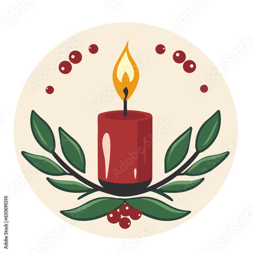 christmas candle with holly and berries