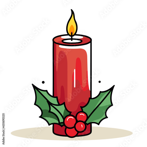 christmas candle with holly and berries