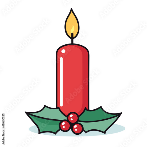 christmas candle with holly and berries