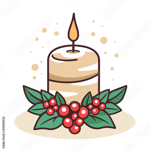 christmas candle with holly and berries