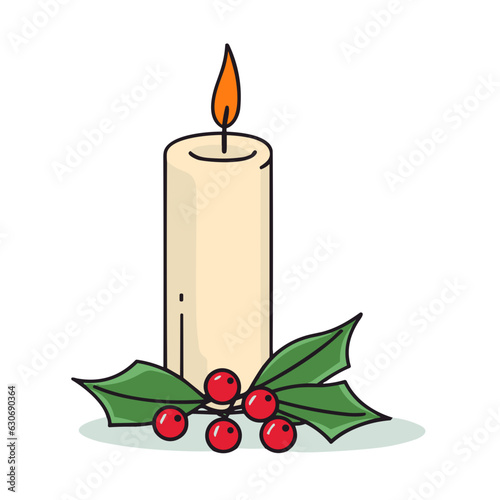 christmas candle with holly and berries