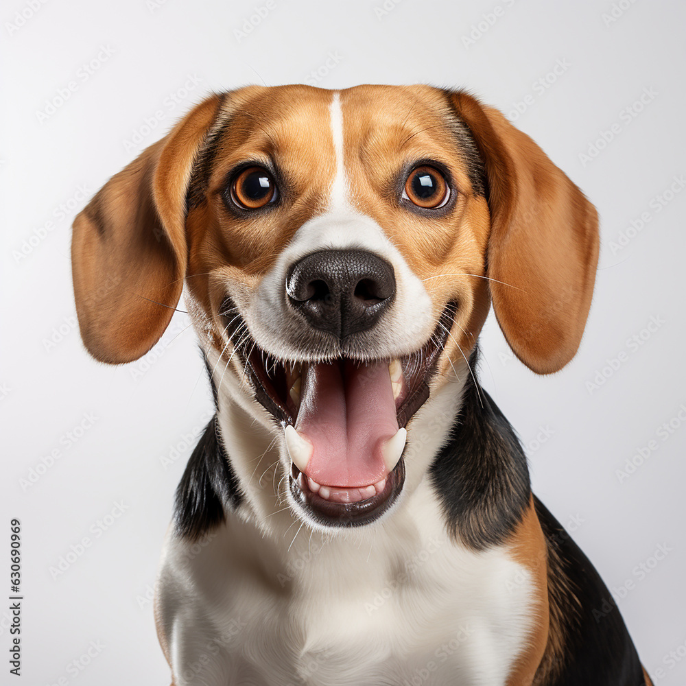 Friend. Portrait of funny active pet, cute dog Beagle posing isolated over white studio background. Concept of motion, action, pets love, animal life. Looks happy, delighted. Made with generative ai