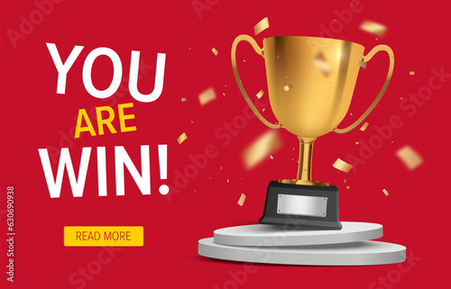 Winner banner. Gold realistic trophy cup with confetti. Vector award nomination background.