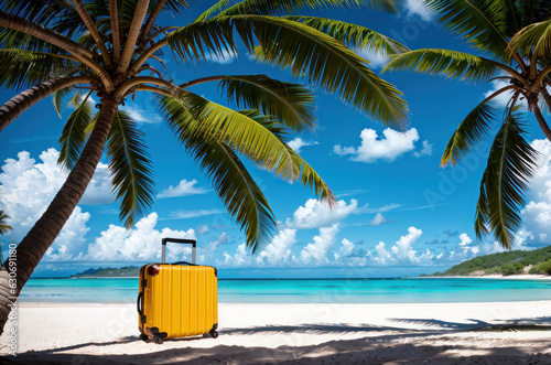 Valise jaune à roulettes à la plage pour les vacances. Generative AI. photo