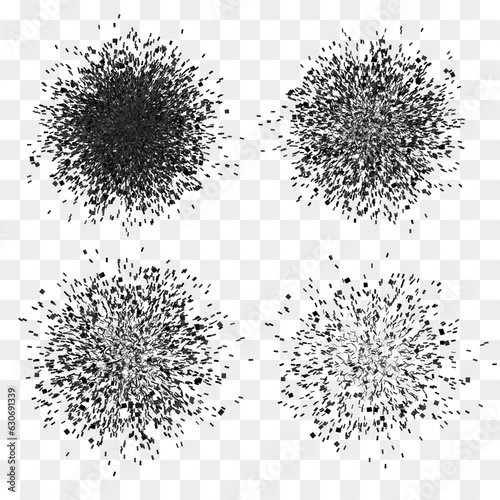 Set of exploded particles in black. Vector shatter explosion