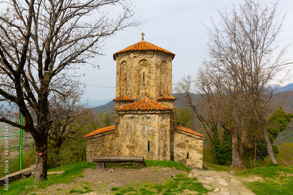 Spring landscape with ancient Orthodox Church of Archangel built of rubble on territory of Nekresi monastery on Nazvrevi Gora, Qvareli Municipality, Georgia..
