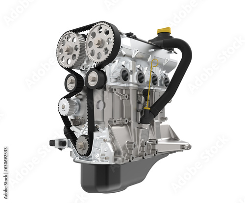 Car engine with timing belt. Detailed view with car engine and timing belt. This is used to synchronize the rotation of the crankshaft and the camshaft.