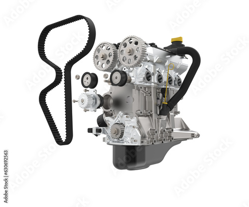 Explode view with car engine with timing belt. Detailed view with car engine. Timing belt is used to synchronize the rotation of the crankshaft and the camshaft.
