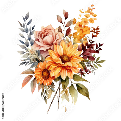 Vibrant Watercolor Floral Arrangement with Autumn Flowers and Leaves Bouquet By AI Generative