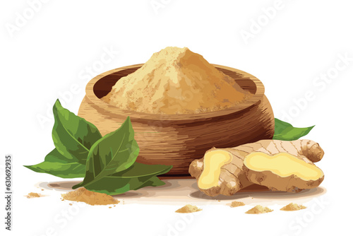 Ginger root and ginger powder in a wooden bowl and spoon isolated on white background. watercolor hand-painted vector art painting illustration