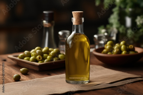 Olive oil and olives berries are on the wooden table under the olive tree.