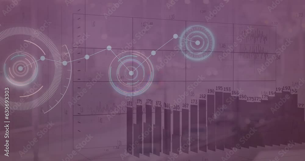 Animation of graphs, connected dots on loading circles over moving vehicles on street Animation of graphs, connected dots on loading circles over moving vehicles on street