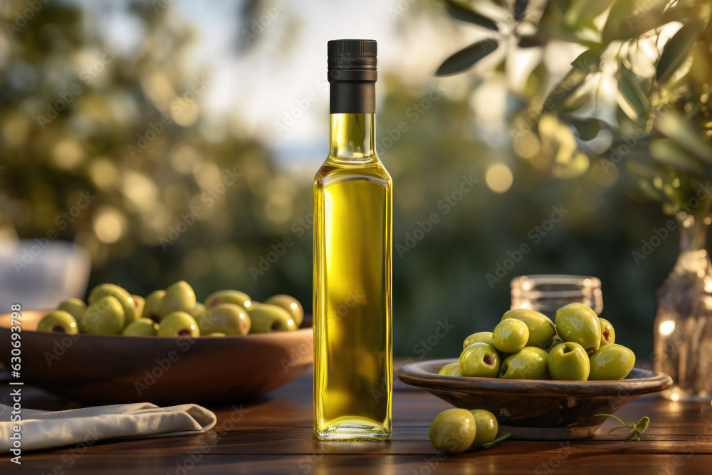 Olive oil and olives berries are on the wooden table under the olive tree. Olive oil and olives berries are on the wooden table under the olive tree.
