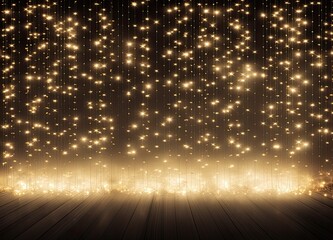 Abstract Christmas lights on black background. Defocused Glowing light bulb garland, copyspace. Created with Generative AI technology.