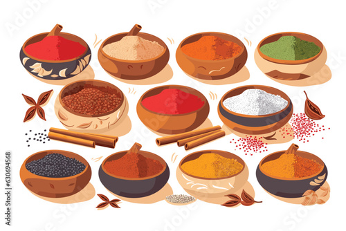 Colorful herbs and spices for cooking dishes. Indian and Asian spices On grey stone background closeup watercolor hand-painted vector art painting illustration