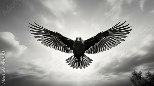 Artistic Black and White Photograph: Silhouette of Lone Bird in Flight Against Stark, Cloudy Sky. Generative Ai.  © Philipp