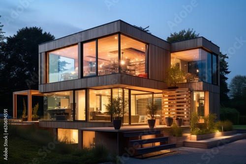 Cubic glass house with wooden elements in the evening © Denis