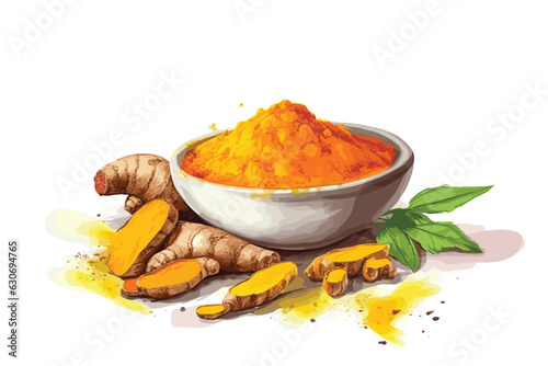 Turmeric, Curcuma dry powder in a bowl in cartoon style isolated on white background. Homeopathy ingredients, aromatic Asian cuisine, close-up watercolor hand-painted vector art painting illustration