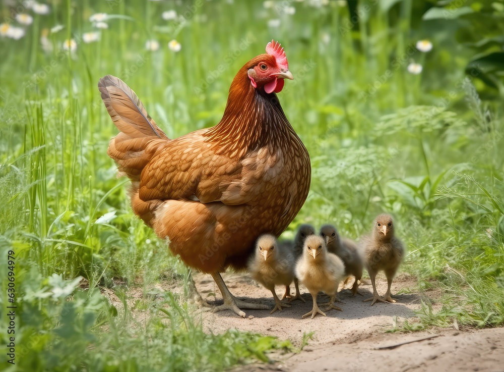 Mother hen with chickens in a rural yard. Chickens in a grass in the village against sun photos. Gallus gallus domesticus. Created with Generative AI technology. Mother hen with chickens in a rural yard. Chickens in a grass in the village against sun photos. Gallus gallus domesticus. Created with Generative AI technology.