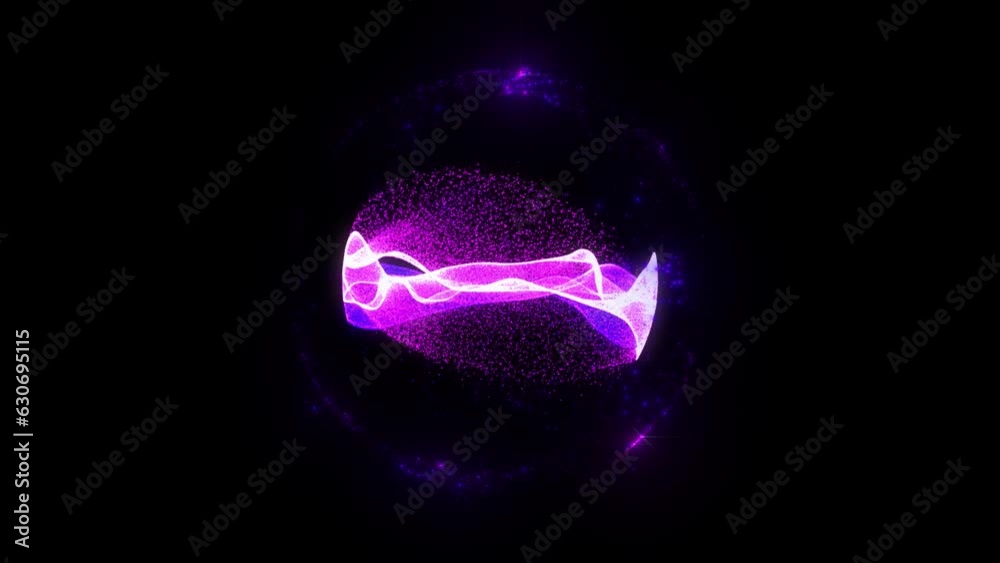 Abstract looped energy sphere of particles and waves of magical glowing on a dark background, video 4k