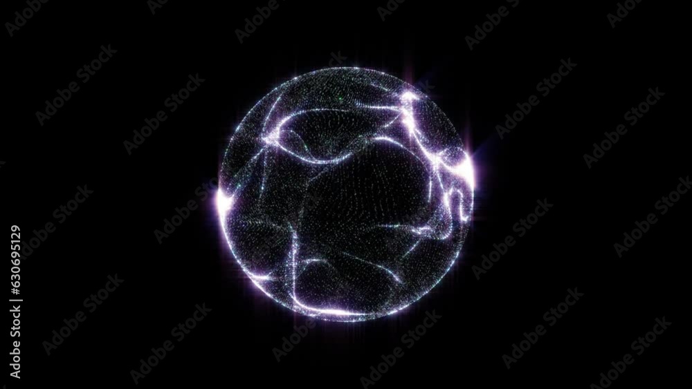 Abstract looped energy sphere of particles and waves of magical glowing on a dark background, video 4k