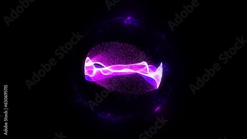 Abstract looped energy sphere of particles and waves of magical glowing on a dark background, video 4k