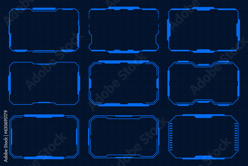 Vector futuristic set hi tech frame  cyberpunk style design element. Technology HUD sci-fi square shape design.