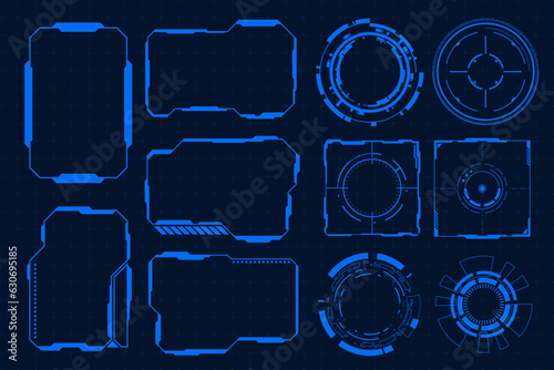 Vector set futuristic frame HUD technology cyberpunk design element. Technology Hi-tech element.