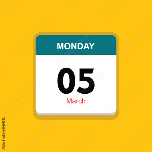 march 05 monday icon with yellow background, calender icon