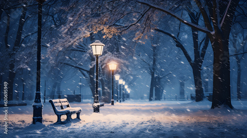 Snowy Winter Scene at Night  Illuminated Lamppost Against Tranquil  Snow-Covered Park  Contrast of Warm Light and Cold Snow. Generative AI.
