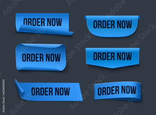 Order now blue stickers. Offer tags isolated on black background